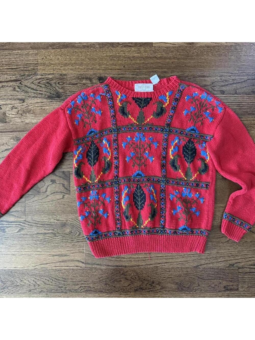 🌺 First Issue hand-knit floral sweater — XS (fits women’s XS/S or men’s XXS/XS) - Picture 2 of 6